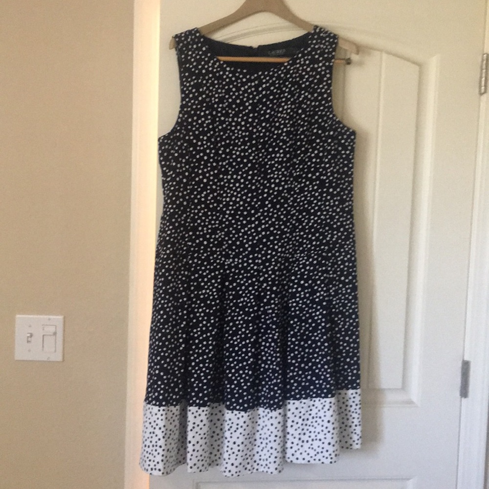 Navy and white polka dot dress